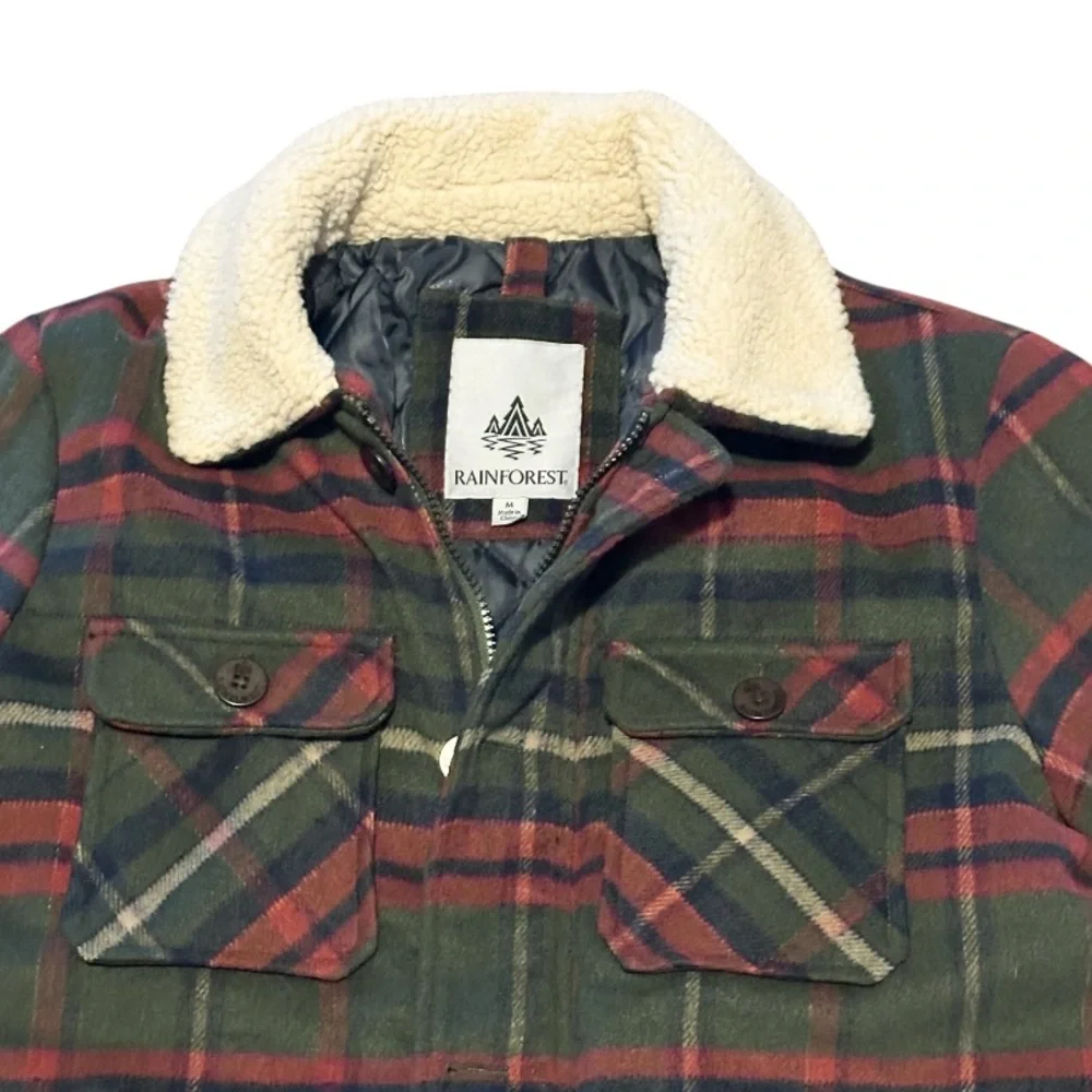 Men’s Sherpa Lined Plaid Flannel Jacket Rainforest Medium M